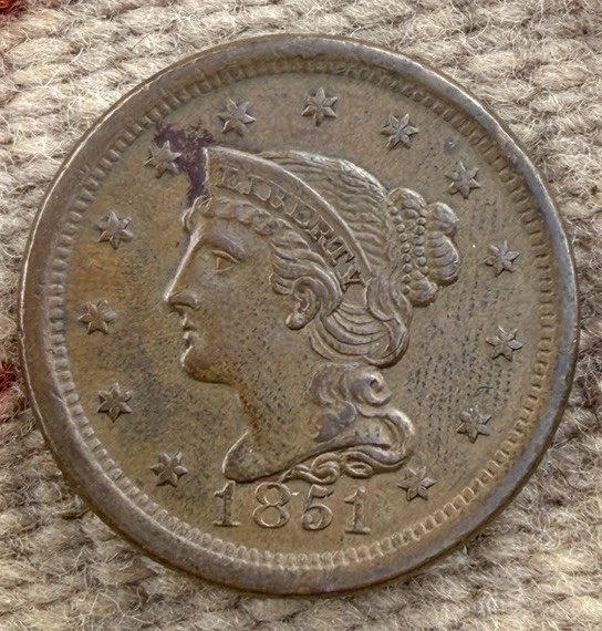 1851 Braided Hair Large Cent - Raw Uncirculated (AU) - Choice Rare Old US Coin - Image 1 of 2