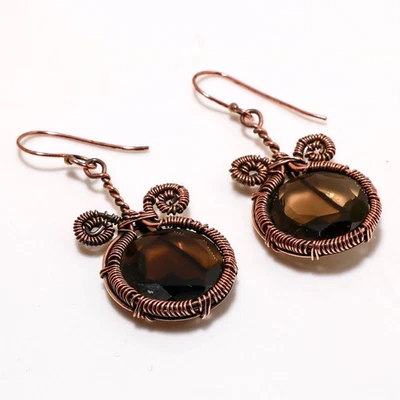 Pendientes de cobre con piedras preciosas de cuarzo ahumado hechos a mano envoltura de alambre regalo joyería 2,1" Foto 1 de 4
