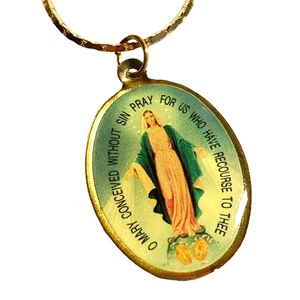 Vintage Virgin O Mary Pray Necklace Sacred Heart Gold Plated Catholic Medal 24" - Picture 1 of 8