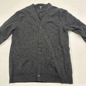 Uniqlo Black Gray Cardigan 100% Virgin Wool Button Up Long Sleeve L/XL Pockets - Picture 1 of 7