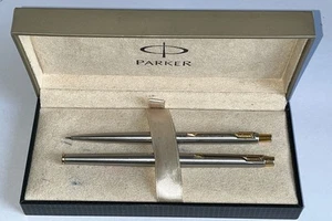 Parker Flighter? 15? Brushed Steel Gold Colour Trim Rollerball Pen Pencil Set - Picture 1 of 14