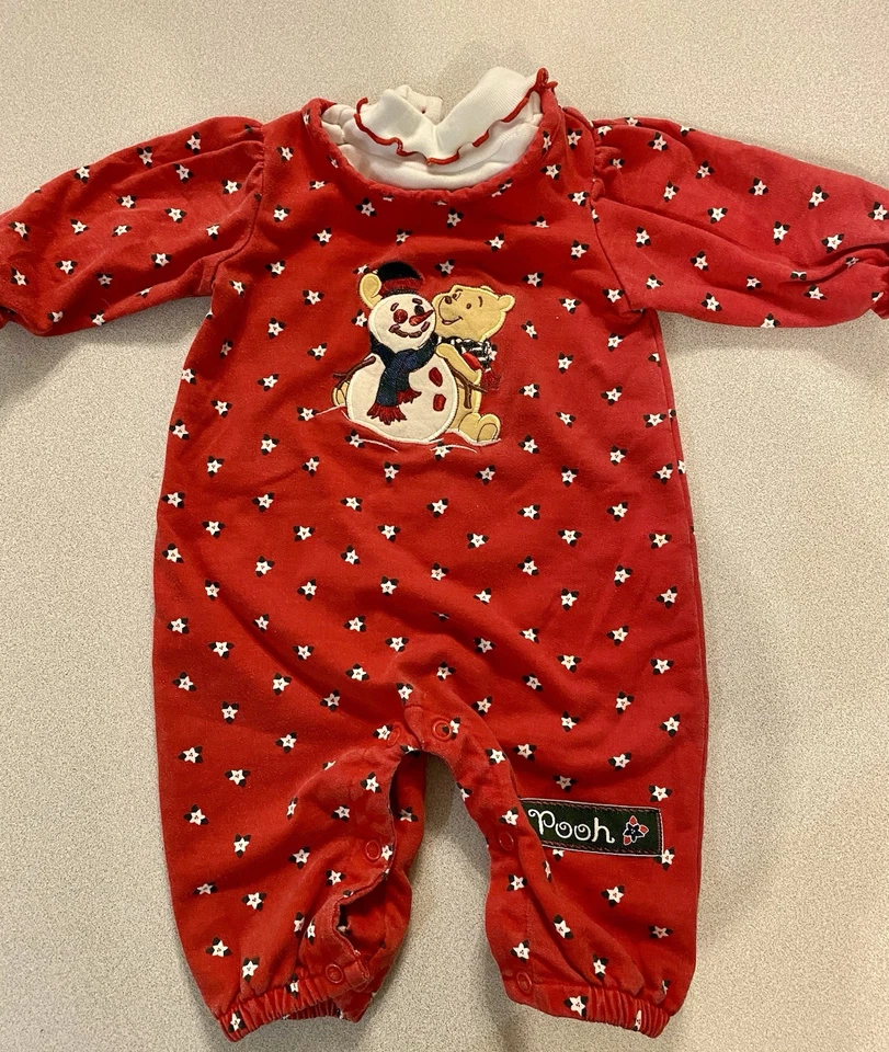 Vintage Disney Pooh Baby Romper Winter Christmas Holiday 3/6 Month Snowman Y2K - Image 1 of 4