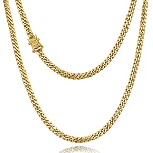 6mm Miami Cuban Link Chain 14K Real Gold Plated 316L Stainless Steel Solid Ne... - Picture 1 of 6