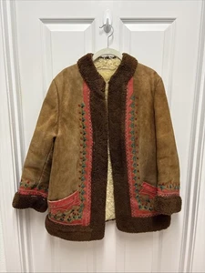 70's Embroidered Suede Coat Short Jacket Leather Afghan Shearling - Picture 1 of 15