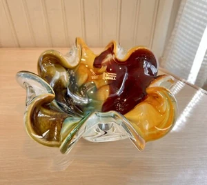 Murano Blown Glass Bowl Signed Vetreria Artistica Oball Italy Ruffled 9” Gold - Picture 1 of 20
