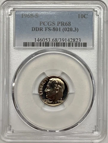 1968 Roosevelt Dime PCGS PR68 DDR FS-801 Proof Variety Coin 10C Cover