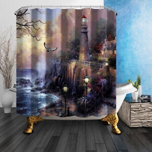 Eagle Lighthouse In Sea Decor Bathroom Shower Curtain Fabric w/12 Hook 71*71inch