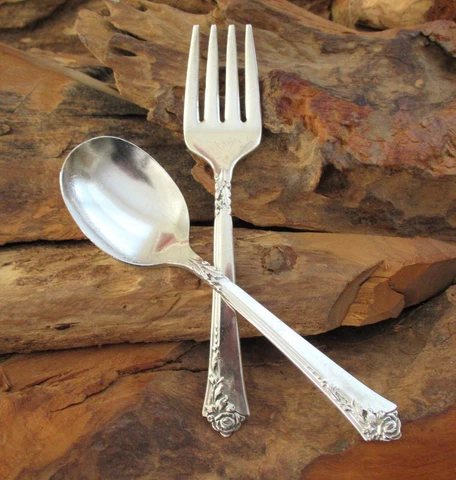 Vintage Heirloom Damask Rose Sterling Silver Baby Fork & Spoon Set Child 925 Cover