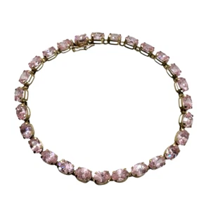 Solid 10K Yellow Gold 24 ctw Pink CZ Tennis Bracelet 7.25 Inch - Picture 1 of 10