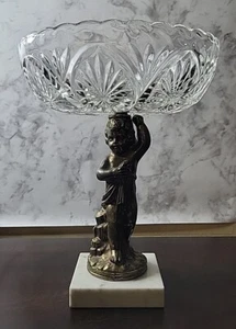 Large Lead Crystal Bowl atop Bronze/Brass Cherub Figurine, Marble Base Italy - Picture 1 of 16