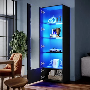 High Gloss Display Cabinet Black Cupboard Storage Sideboard with RGB LED Lights - Picture 1 of 12