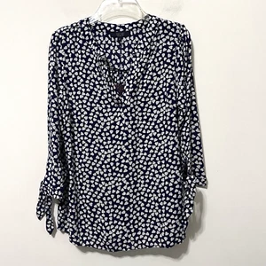 Rachel Rachel Roy Blouse S Navy Heart Print Tie Sleeve V Neck Valentines NEW - Picture 1 of 9