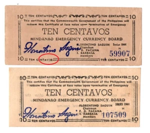 1944 PHILIPPINES Province Of Mindanao 10 Centavos S512ab AU+ - Picture 1 of 4