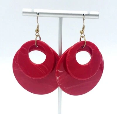 Marbled Red Plastic Double Open Hoop Dangle Earrings NOS - Image 1 of 4
