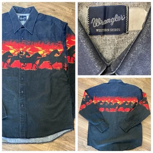 Vtg WRANGLER Brushpopper Shirt XL 17.5 X 36 Western Rodeo Cowboy Horses Sunset - Picture 1 of 3