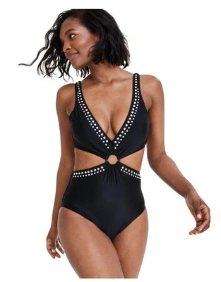 Traje de baño Bar III para mujer con tachuelas de una pieza, negro con plata, mediano Foto 1 de 4