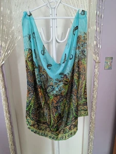 Infinity Turquoise/Grn Blk Brn Paisley Pattern Sheer Scarf Wrap Shawl  35"/35" - Picture 1 of 5