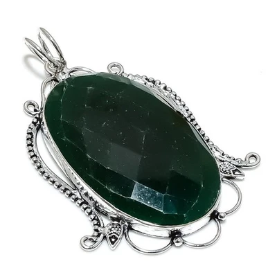 Emerald(Simulated) Gemstone Handmade 925 Sterling Silver Pendant 3.15" Gift M926 - Image 1 of 4
