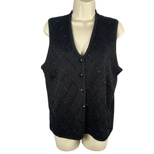 Vintage Alfred Dunner Sweater Vest Womens PM Black Beaded Wool Blend V-neck - Picture 1 of 10