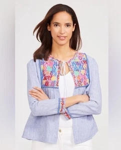 J. McLaughlin M Strickjacke gestreift blau 100% Leinen bestickt Jacke Hemd - Bild 1 von 8