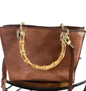 Kate Landry Brown Faux Leather Xbody Magnet close Bamboo Handles Shoulder Strap - Picture 1 of 8