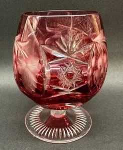 Cut Glass Cased Lead Crystal Brandy Snifter Cranberry Cut to Clear Ofnah Hungary - Picture 1 of 4