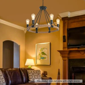 Industrial Rustic Farmhouse Hemp Rope Chandelier Round Pendant Ceiling Light US - Picture 1 of 11