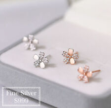 fine silver S999 stud earrings for sensitive ears flower womens girls gift