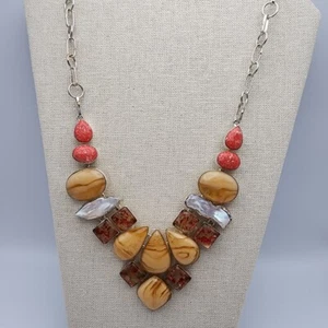 Bib Necklace Teardrop Square Biwa Pearl Lucite Silver Plate Orange Tan Artisan - Picture 1 of 7