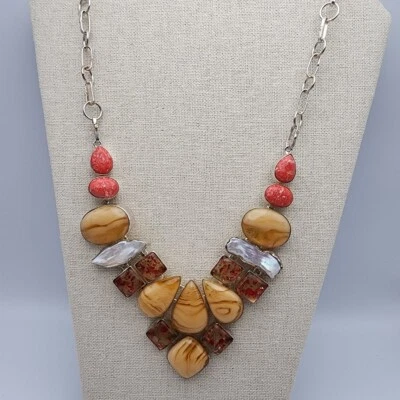 Нагрудник ожерелье каплевидный квадратный Biwa жемчуг люцит серебряная пластина оранжевый желтовато-коричневый ремесленник - Изображение 1 из 4