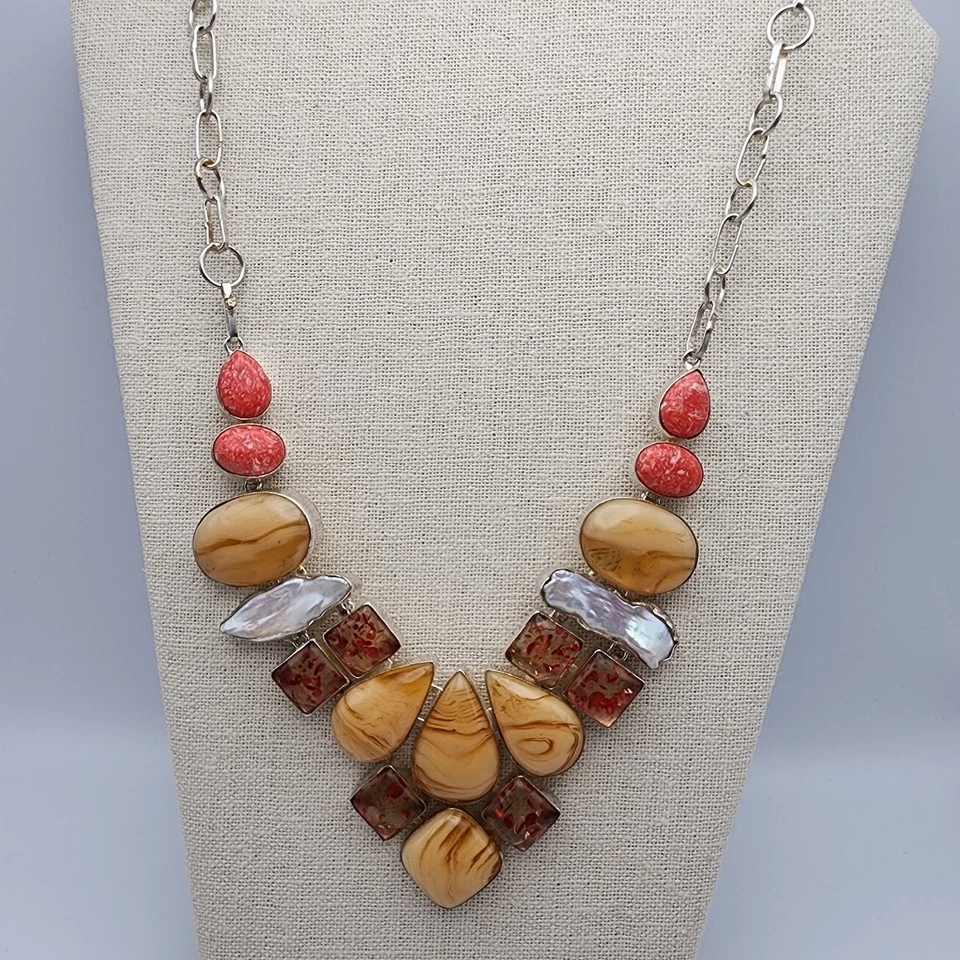 Нагрудник ожерелье каплевидный квадратный Biwa жемчуг люцит серебряная пластина оранжевый желтовато-коричневый ремесленник - Изображение 1 из 1