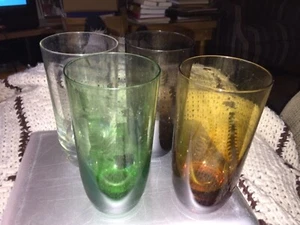 4 VINTAGE DIFFERENT COLORED GLASSES NICE DESIGN CLEAR,GREEN,AMBER & BLACKISH - Picture 1 of 6