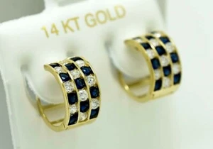 LAB CREATED BLUE & WHITE SAPPHIRES HOOP EARRINGS 14K GOLD - New With Tag - Picture 1 of 4