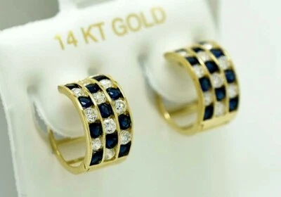 LAB CREATED BLUE  & WHITE SAPPHIRES HOOP EARRINGS 14K GOLD - New With Tag  - Image 1 of 4