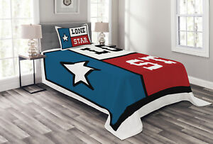 Texas Star Quilted Bedspread & Pillow Shams Set, State Flag Design Print
