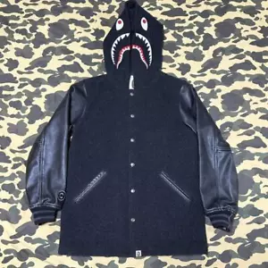 Bape Leather Shark Varsity Jacket Hoodie Leather - Picture 1 of 10