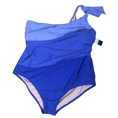 Terno de banho feminino plus size 3X roxo azul bloco de cor gravata de um ombro - Imagem 1 de 4
