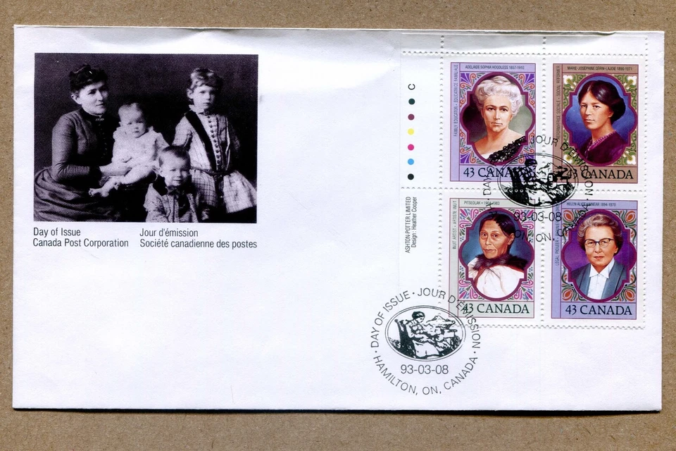 CANADA First Day Issue  series 1993-03-08 WOMEN of Canada Top Left CORNER BLOCK - Image 1 of 2