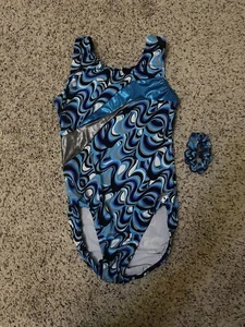 Snowflake Designs Gymnastics Leotard Blue Silver Black White Swirl Size M - Picture 1 of 6