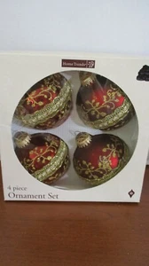 HOME TRENDS~Set of 4BURGUNDY & GOLD GLASS ORNAMENTS in BOX~LN - Picture 1 of 4
