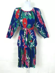 VTG 1980s LS COLLECTION FLORAL DRESS & BELT POLY BLEND ACCORDION FOLDS LINED - Picture 1 of 12
