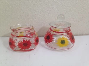 Vintage Hand-Painted Glass Sugar & Creamer Set Red Yellow Flowers Nice 60s 70s - Picture 1 of 12