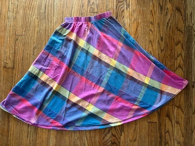 Vintage 80s Rainbow Plaid Tea-Length Elastic-Waist Fit & Flare Skirt USA Made S - Image 1 of 4