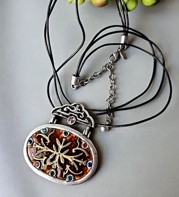 CHICO'S Collar Colgante Boho Cuero Negro Estrás Vidrio 20"L Foto 1 de 4