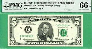** LOW SERIAL C00000649* PHILADELPHIA STAR ** 1969 $5 FRN ** PMG GEM 66 with EPQ - Picture 1 of 2