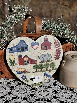 Primitive Folk Art Farm Country Tole Painted Wood Wall Art Hanging Hand Painted  - Image 1 of 4