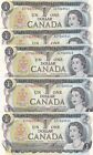 Five 1973 Canada $1 Notes UNC Sequential Numbers