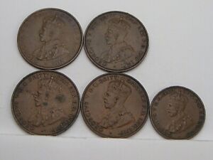5 Full Crown Coins AUSTRALIA: 1924 Penny, 27 Penny, 36 Penny (2), 27 ½Penny. #21