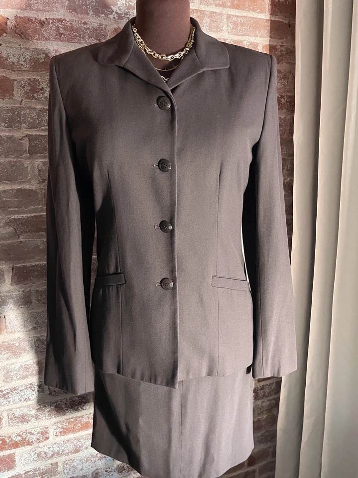 复古 Ann Taylor Loft Choc 棕色铅笔裙和西装外套套装 4 码 — 第 1/4 张图片