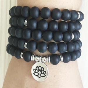Collar Pulsera Loto Ágata Negro Esmerilado 8mm 108 Cuentas Mala - Imagen 1 de 6